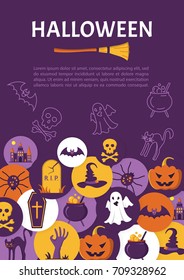 Halloween Banner. Halloween Icons in circles on textured backdrop. Trick or Treat Stickers. Halloween Party Invitation. Scary party invitation. Place for your text message. Vector Flat Illustration.