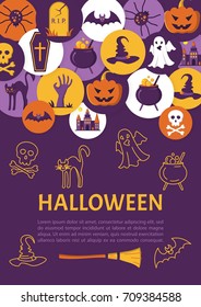 Halloween Banner. Halloween Icons in circles on textured backdrop. Trick or Treat Stickers. Scary party invitation. Place for your text message. Vector Flat Illustration.