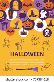 Halloween Banner. Halloween Icons in circles on textured backdrop. Trick or Treat Stickers. Scary party invitation. Place for your text message. Vector Flat Illustration.