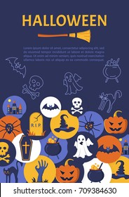 Halloween Banner. Halloween Icons in circles on textured backdrop. Trick or Treat Stickers. Scary party invitation. Place for your text message. Vector Flat Illustration.