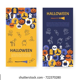 Halloween Banner. Halloween Icons in circles on textured backdrop. Trick or Treat Stickers. Scary party invitation. Place for your text message. Vector Flat Illustration.