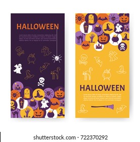 Halloween Banner. Halloween Icons in circles on textured backdrop. Trick or Treat Stickers. Scary party invitation. Place for your text message. Vector Flat Illustration.