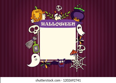 Halloween Banner With Icons Set on Textured Background. Ghost, bat, web, candle, poison, skull vector flat Illustration with place for your text.
