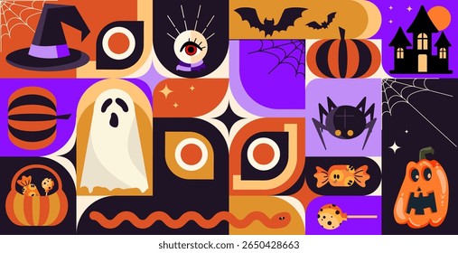 Ilustração de banner de Halloween com formas geométricas e ícones, fantasma, abóboras, doces, morcegos, aranha, casa assombrada em estilo moderno retrô, para convites de festa, banners sazonais, social media.Vetor