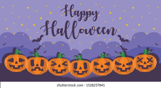 Halloween Banner Images, three jack o lantern at tomb with bats and violet background.