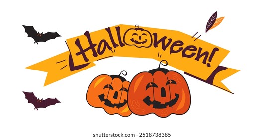 Banner Halloween com inscrição e monstros Jack o'lantern, ilustração vetor estilo cartoon isolado em branco. Pano de fundo para cartões e cartazes de Halloween.