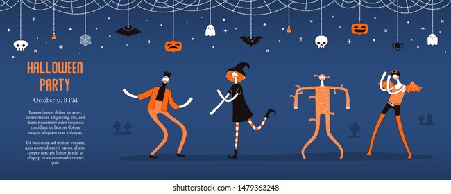 Halloween banner, invitation, background design concept with dancing people in costumes, bunting with pumpkins, bats, ghosts, spider webs, skulls, corn candy, text. Hand drawn vector illustration.