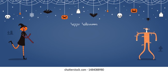 Halloween banner, invitation, background design concept with dancing people in costumes, bunting with pumpkins, bats, ghosts, spider webs, skulls, corn candy, text. Hand drawn vector illustration.