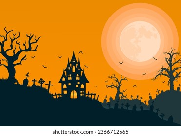 Halloween-Banner oder Einladungskartenhintergrund mit gruseliger Nachtlandschaft auf dem alten Friedhof und bezauberndem Haus