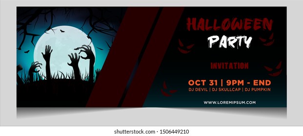 Halloween banner invitation card design with spooky zombie hand in graveyard background