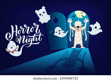 Halloween banner with kawaii ghosts and mummy characters in opened door. Halloween horror night holiday monsters vector personages, cute ghosts, phantoms and mummy with scary bandage, moon and bats