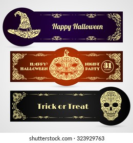 Halloween banner labels vector set with ornate pumpkin, skull, witch hat and decorative frame. Poster, banner, party invitation, greeting card design. Happy Halloween