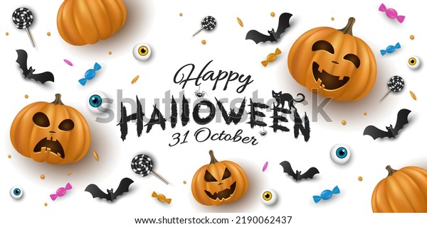 Halloween banner with lettering inscription. 3D\
emotional cartoon smiling pumpkins with eyes, sweets, lollipops,\
bats isolated on white background. Trick or treat. Cover design.\
Invitation card