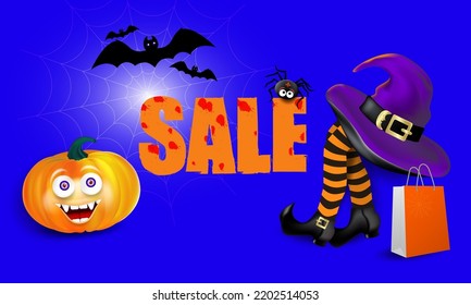 Halloween Banner With Lettering Sale, Shopping Bag Or Pack, Smiling Pumpkin Face, Witch's Striped Legs, Flying Bats, Spider, Spider Web. Editable Vector Illustration.