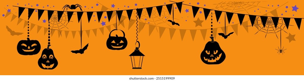 Halloween banner with maple leaves, pumpkins and scary objects on orange background. Vector illustration.