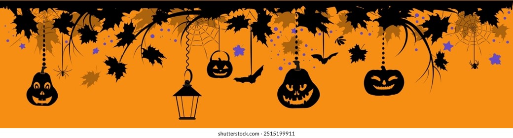 Halloween banner with maple leaves, pumpkins and scary objects on orange background. Vector illustration.
