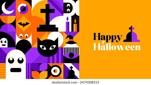 Halloween banner with modern abstract geometric Bauhaus pattern. Halloween holiday celebration vector horizontal banner. Bauhaus geometric pattern or background with ghost, black cat, bat and cemetery