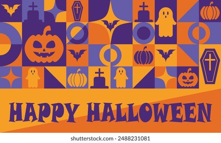 Halloween banner with modern abstract geometric Bauhaus pattern. Halloween holiday celebration vector horizontal banner. Bauhaus geometric pattern or background with pumplin, bat, ghost, and cemetery