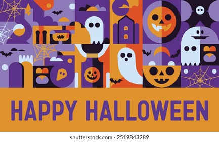 Anuncio de Halloween con un moderno patrón geométrico abstracto Bauhaus. Anuncio Horizontal para las celebraciones de Halloween. Ideal para diseños festivos, modernos y de temática geométrica.