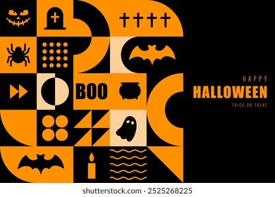 Halloween banner. Modern neo geometric abstract background. Horizontal poster, greeting card, header for website. Composition of simple icons in bauhaus minimalist style. Vector illustration.