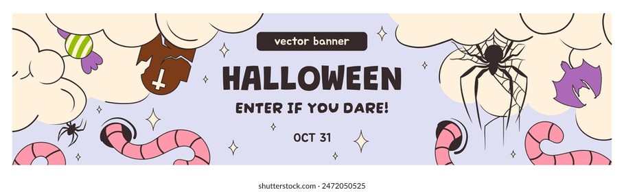 Halloween banner. Modern banner with worms, bat, candy, spiders, and tombstone for Halloween. Scary Halloween night party. Spooky advertising banner. Halloween