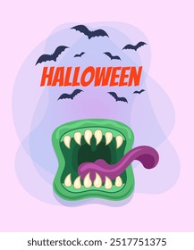 Halloween banner with monster month and tongue. Flying bats on abstract background. Celebration, party, holiday concept. Vector illustration for invitation, postcard or poster