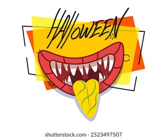 Halloween banner with monster mouth and tongue. Lettering design. Halloween celebration concept. Handwritten text, calligraphy. Vector illustration can be used for invitation or poster