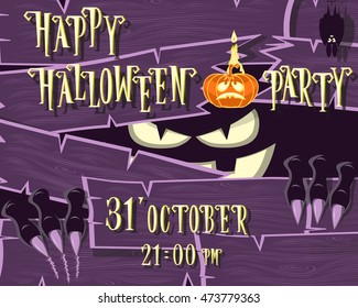 Halloween banner: monster with scary face broken wooden wall from boards and looks out of the darkness. Vector illustration in cartoon style. Concept design poster, invite or ticket on holiday party.