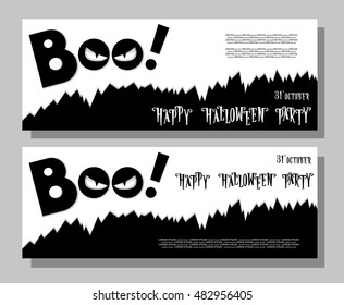 Halloween banner: monster with scary face looks out of the darkness. Cartoon style. Concept design poster, flyer or ticket on holiday party. Vector illustration isolated on gray background