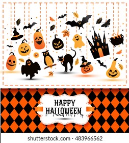Halloween banner  on colors and white background. Invitation to night party. Vector design template for halloween celebration with icons. Set of autumn symbols.