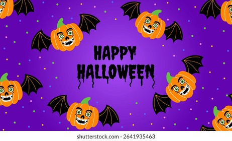 Halloween banner on a gradient purple background with smiling orange pumpkins with black bat wings