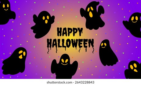 Halloween banner on a gradient purple  background with cute ghosts