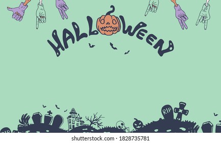 Halloween banner on green backdrop. Holiday postcard with copy space for invitation or gift card, notebook, bath tile, scrapbook. Phone case or cloth print. Doodle style stock vector illustration