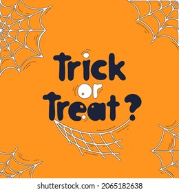 Halloween banner on an orange background. Cobwebs drawn in a cartoon style. Flat vector illustration. Lettering.