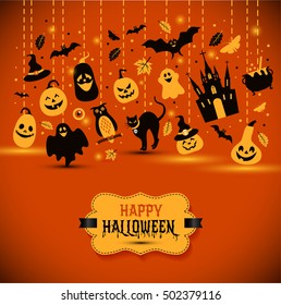 Halloween banner on orange background. Invitation to night party. Vector design template for halloween celebration with icons. Set of autumn symbols.