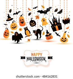 Halloween banner on white background. Invitation to night party. Vector design template for halloween celebration with icons. Set of autumn symbols.