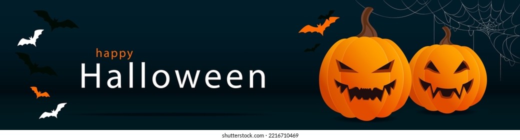 Halloween banner. Orange evil pumpkins on a dark background, cobwebs and congratulations on Halloween
