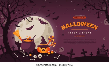 Halloween Banner and Orange Pumpkin   Cauldron  Vector Flat Illustration  Full Moon Night in Spooky Forest  Place for text