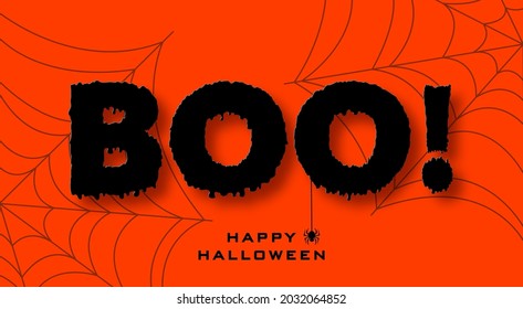 Halloween banner in paper cut style. Black text on orange background with cobwebs and spider. Vector illustration.