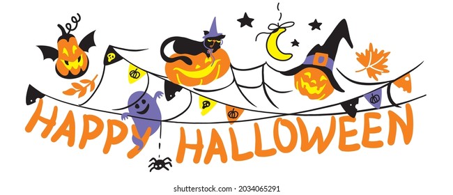 Halloween banner, halloween party, ghost, black cat, pumpkin, spider web, lettering. Kids party.