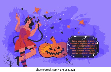 Halloween banner or party invitation background with cute woman in red dress and horns of Devil near pumpkin. Website page layout for Halloween celebrations, vector illustration on purple.