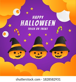 Halloween banner or party invitation background with ghost, pumpkins, flying bats, candy and full moon in the sky. Vector illustration.
