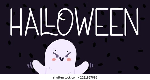 Halloween banner or party invitation background with ghost. Halloween concept. Vector illustration in flat style