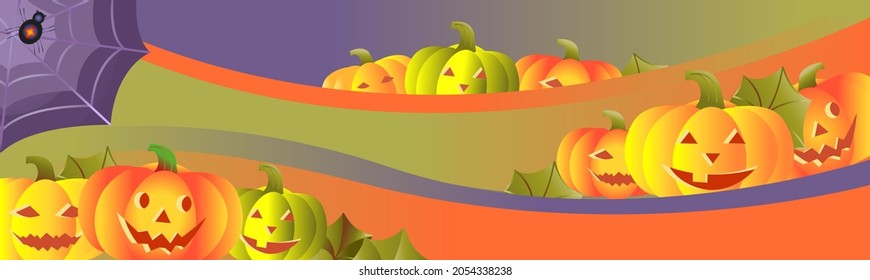  Halloween banner or party invitation background with abstract lines, pumpkins, webs and spiders. Vector illustration.  A place for text.