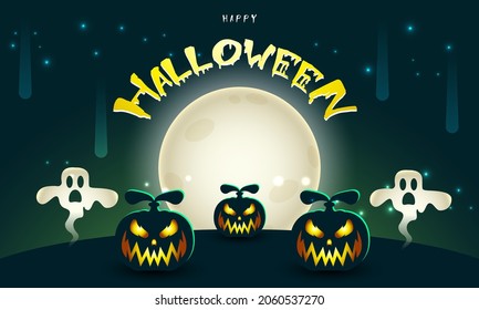 Halloween banner or party invitation background with evening clouds and elegant pumpkins. Vector illustration. Free space for text