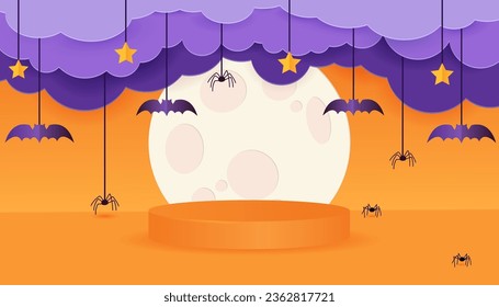 Halloween banner or party invitation background with clouds, big moon, bats and spiders in paper cut style. Orange 3d podium for halloween. Vector illustration.