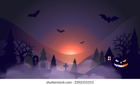 Halloween banner or party invitation background with scary buildings against the backdrop of a big orange moon, violet fog clouds and pumpkins. Vector illustration. Festive flyer, poster or banner 
