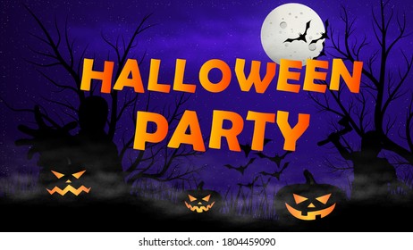 Halloween banner or party invitation background.Scary background with zombie,clouds,bats and pumpkins.Vector background.Halloween banner or party invitation background. Full moon in the sky.