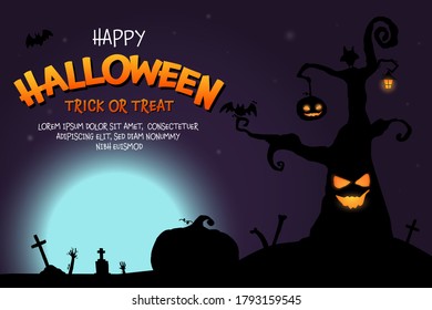 Halloween banner or party invitation card with silhouettes of scary characters pumpkin, zombie hand in graveyard, bats and full moon in background. Halloween scene invitation or greeting Cards vector.