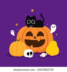 Halloween banner. Halloween party invitation card for holidays. Pumpkin with black cat cartoon character.